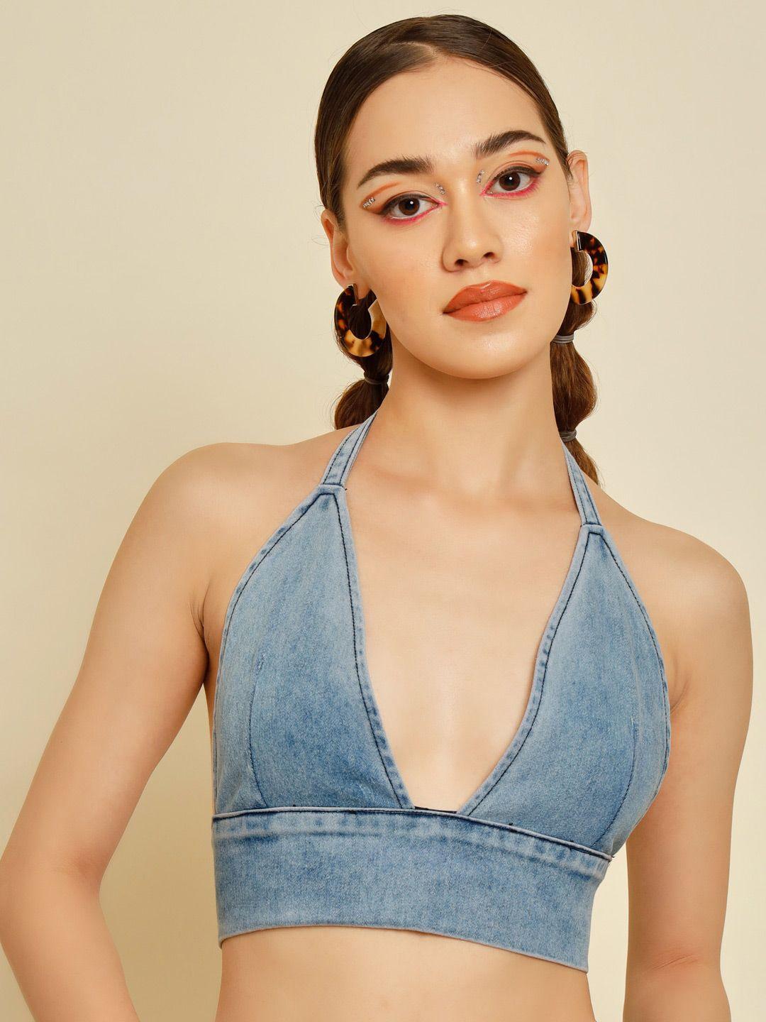 baesd halter neck denim bralette crop top