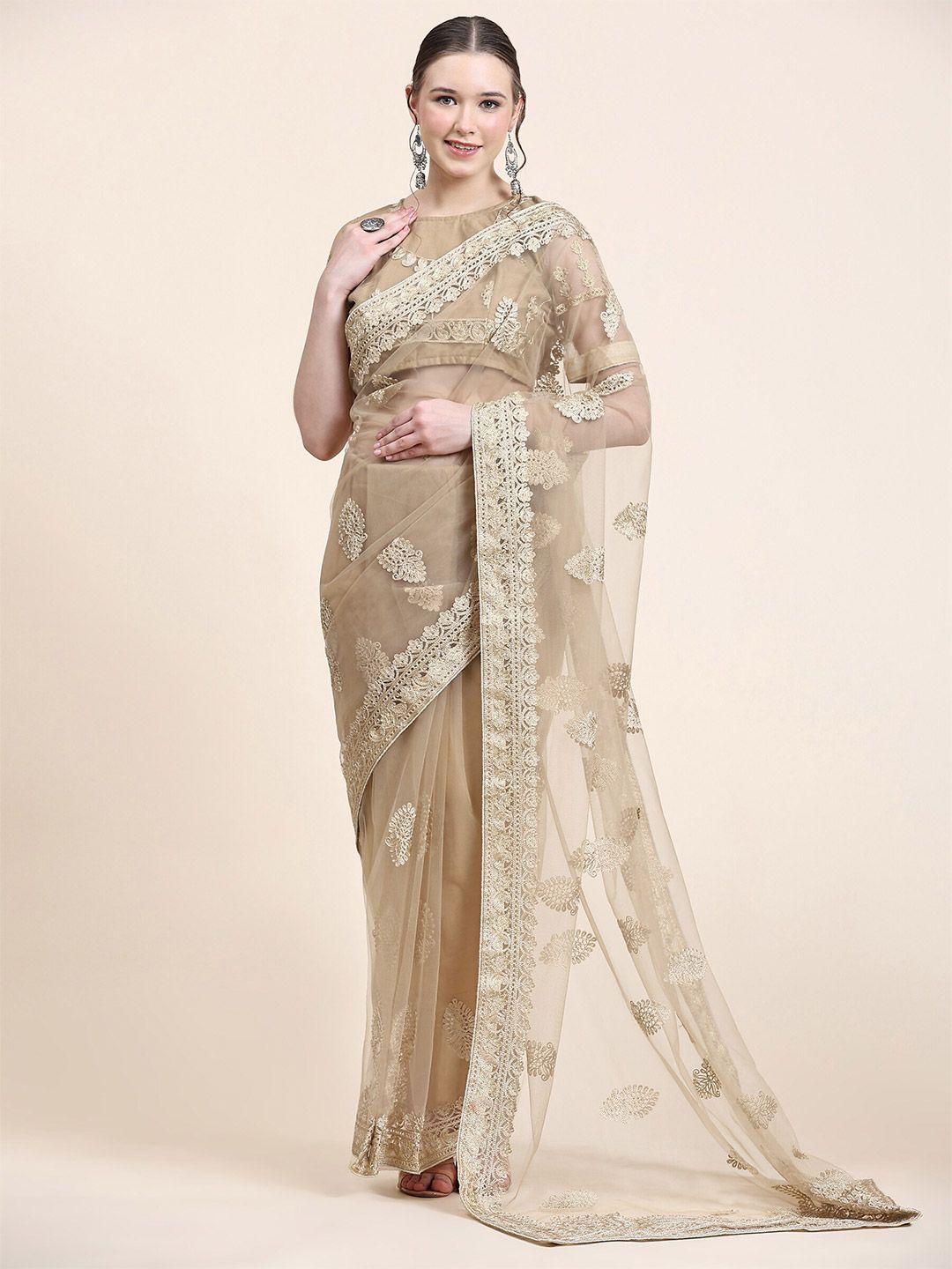 mitera beige ethnic motifs embroidered net saree