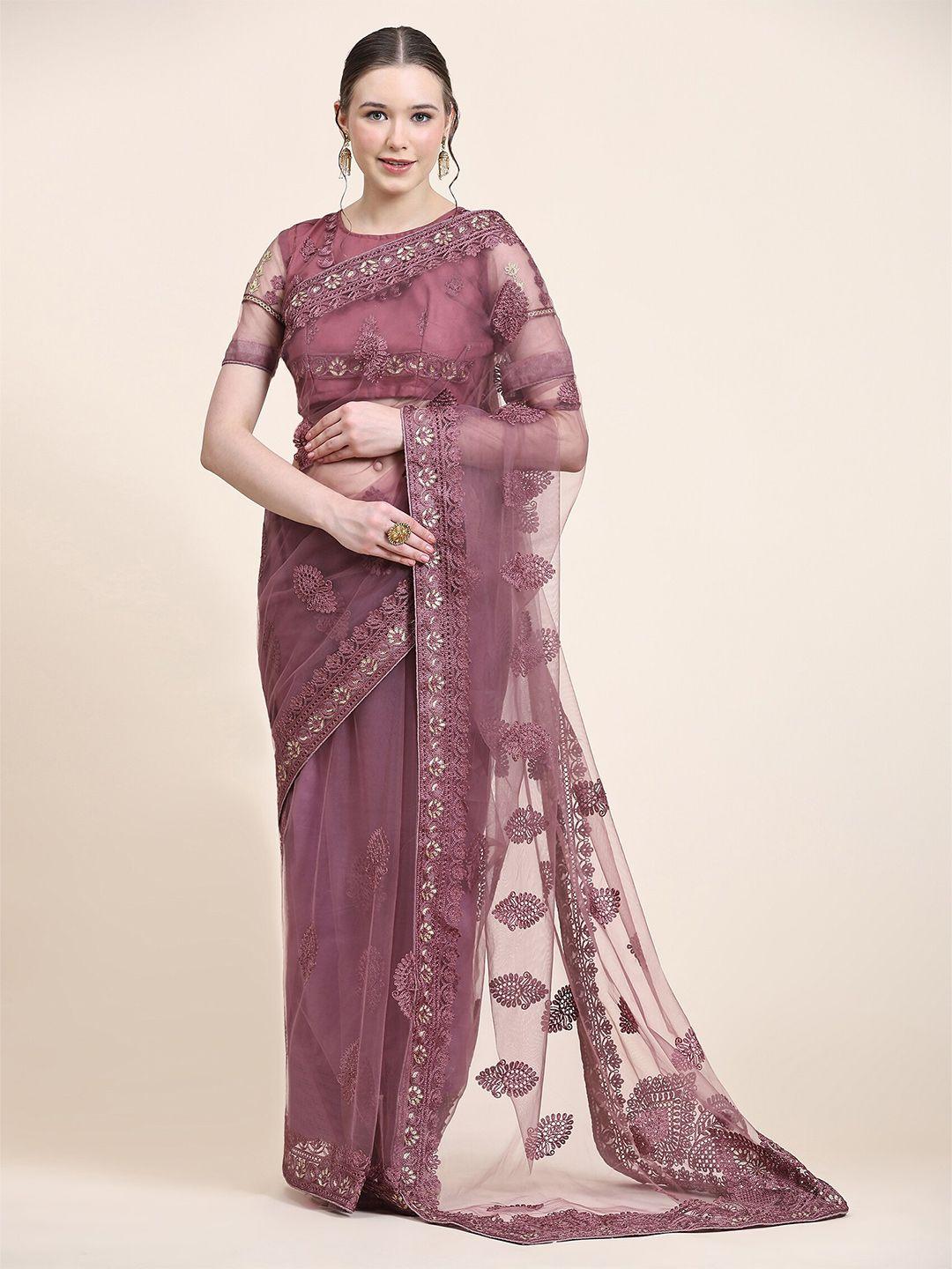 mitera purple ethnic motifs embroidered net saree