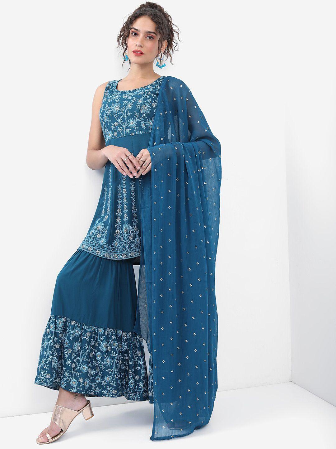 ketch floral printed regular kurta with sharara & dupatta