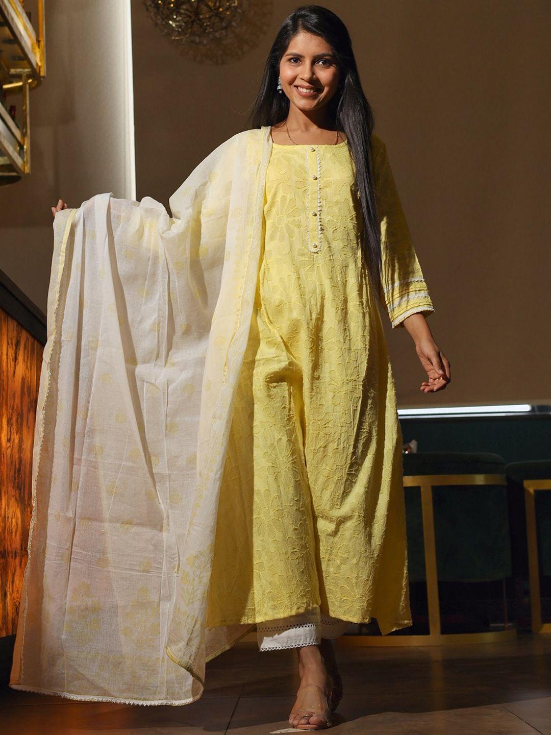 hatheli women yellow floral regular gotta patti pure cotton kurta with palazzos & with dupatta