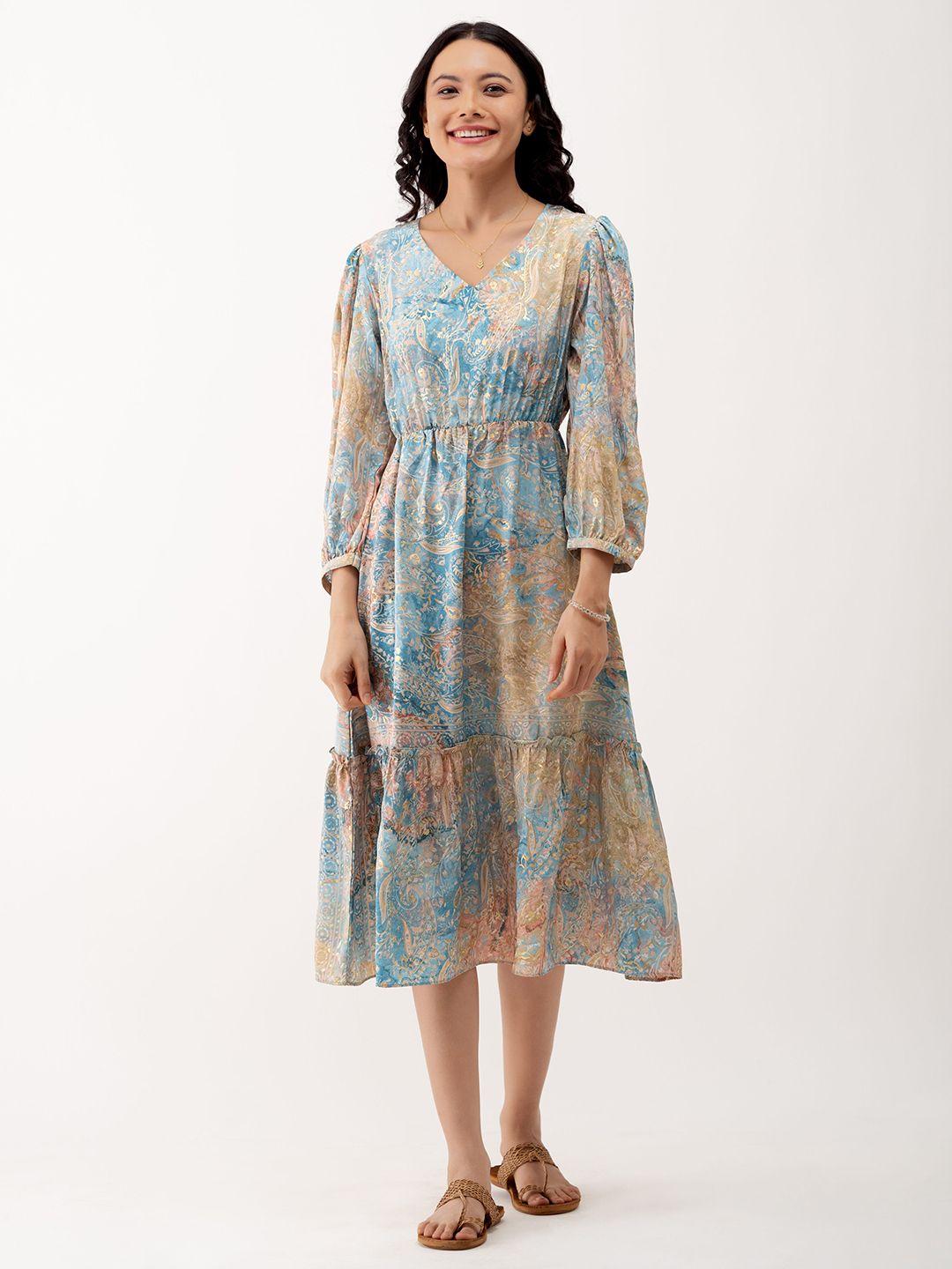 aask blue floral print puff sleeve fit & flare midi dress