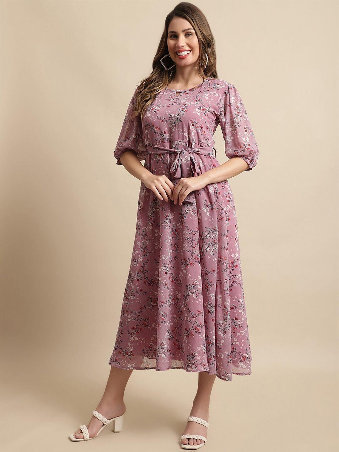 baesd brown floral print georgette fit & flare midi dress