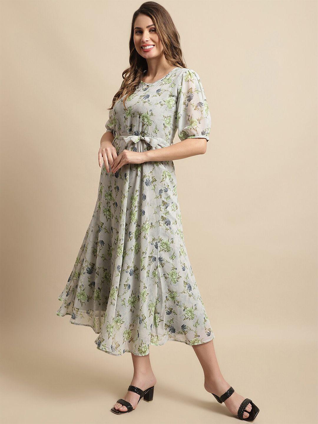 baesd grey floral print georgette a-line midi dress