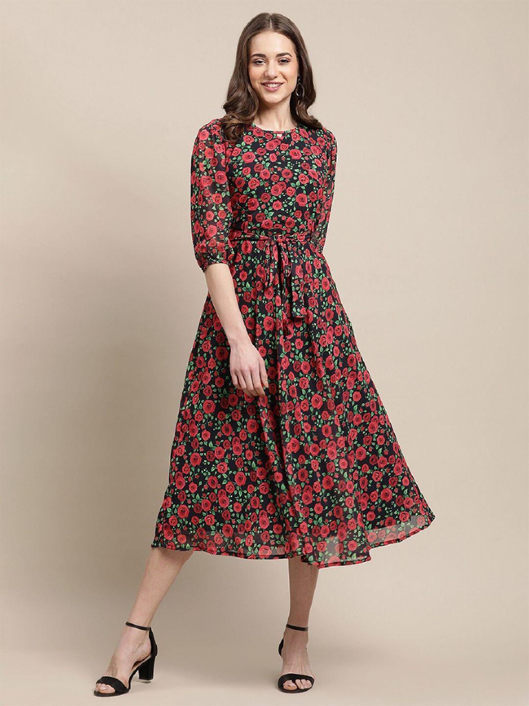 baesd red floral print georgette fit & flare midi dress