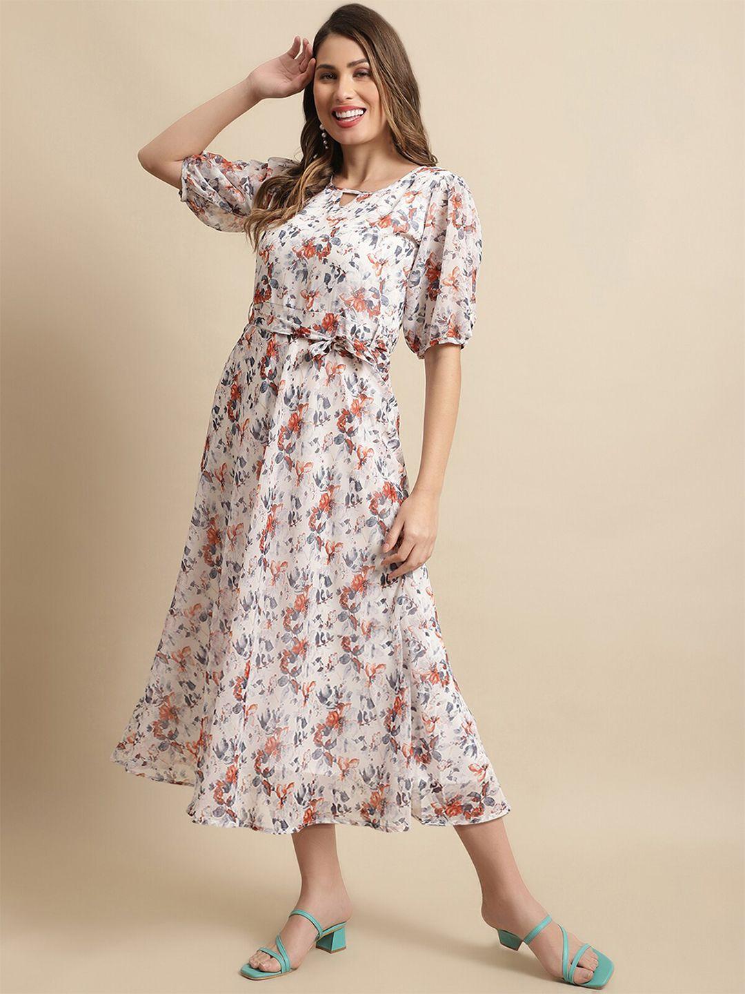 baesd white floral print georgette a-line midi dress