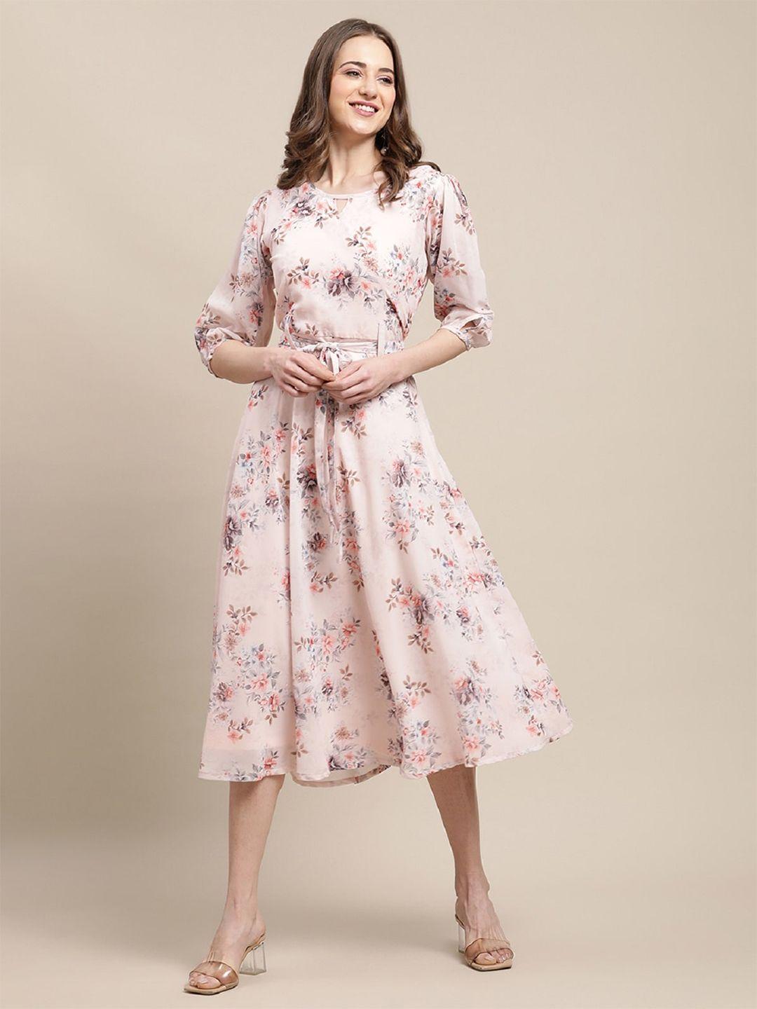 baesd peach-coloured floral print georgette fit & flare midi dress