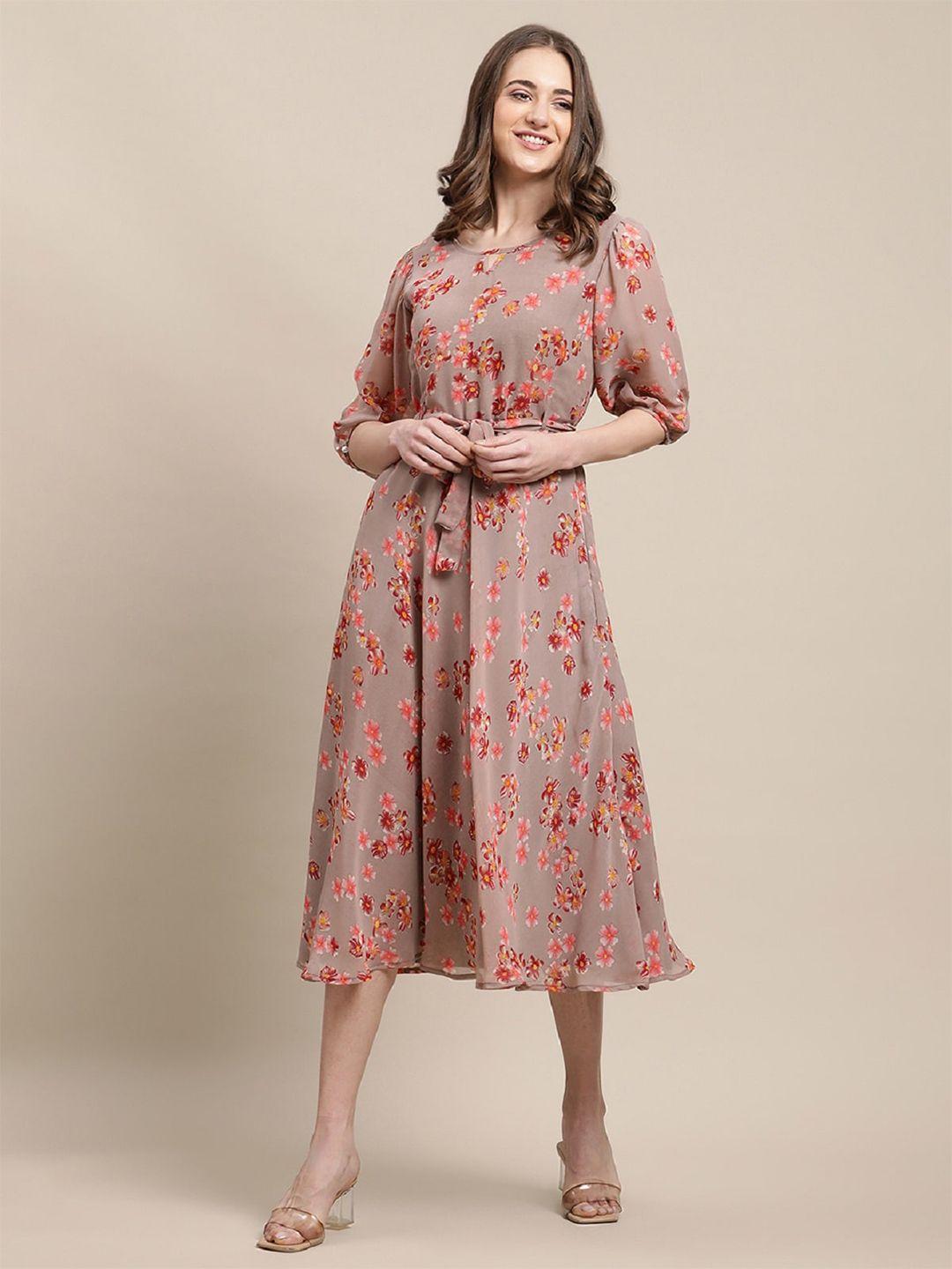 baesd brown floral print georgette a-line midi dress