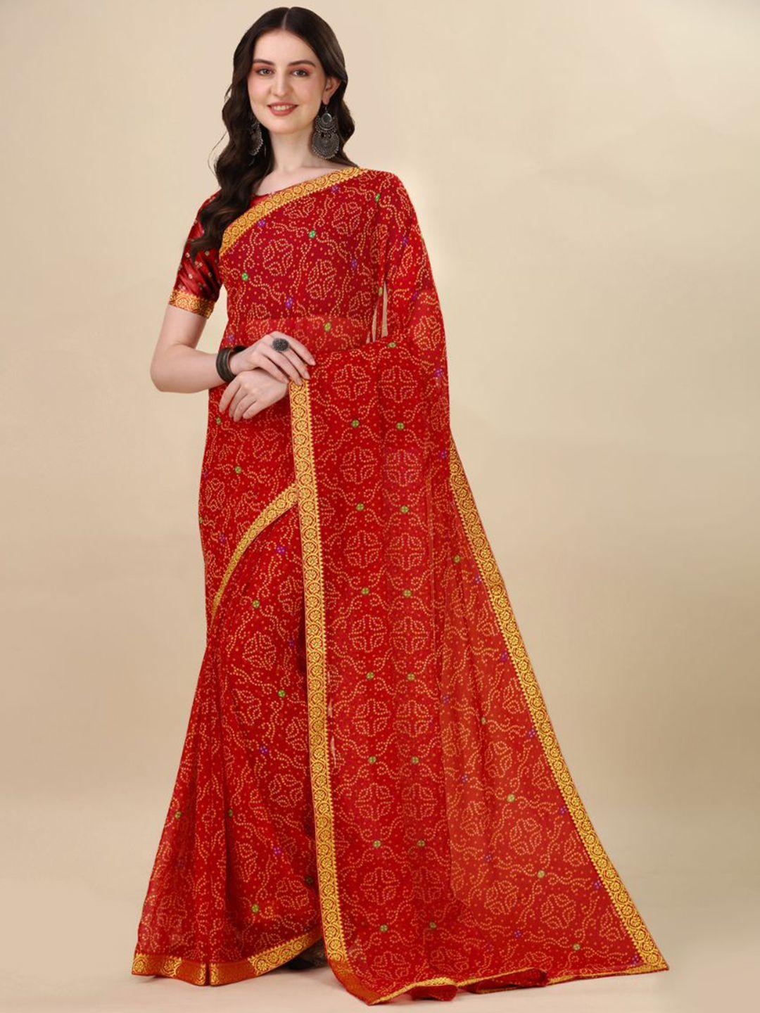 sangria red & yellow bandhani printed pure chiffon saree