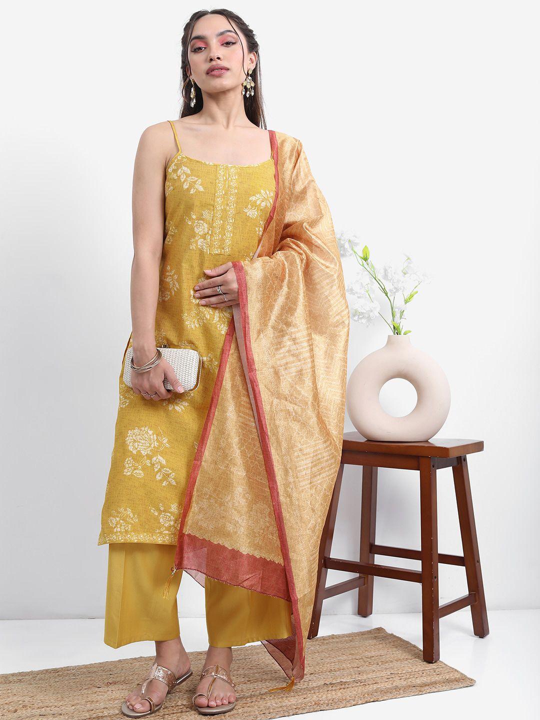 vishudh mustard yellow floral printed straight kurta with palazzos & dupatta