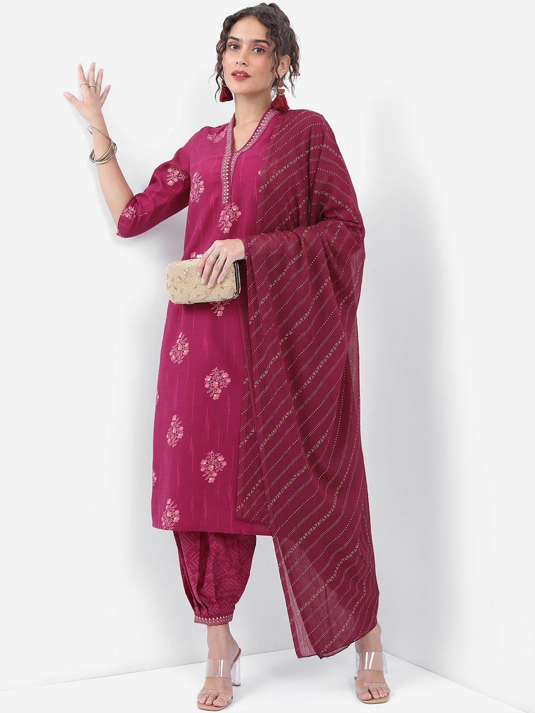 vishudh pink floral printed regular straight kurta with patiala & with dupatta