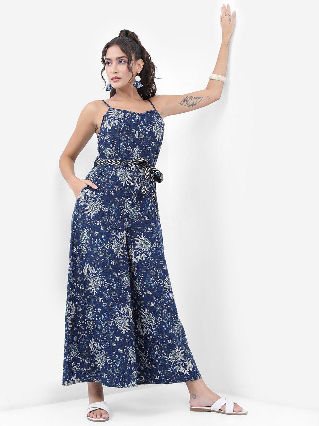 vishudh blue floral printed waist tie-up cullote jumpsuit