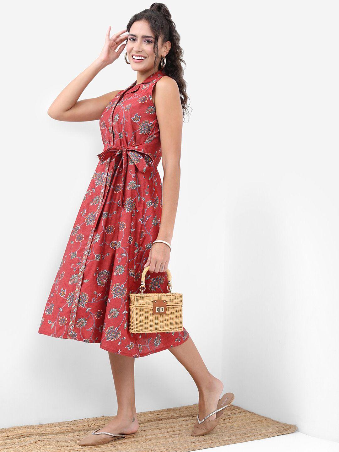 vishudh red floral printed v-neck a-line dress