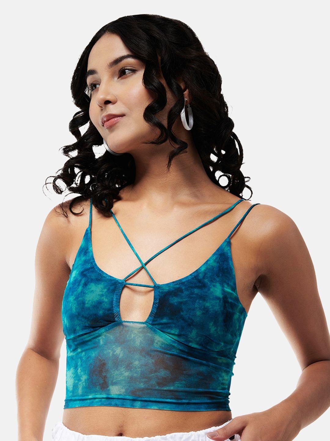 izf green print sheer net bralette crop top