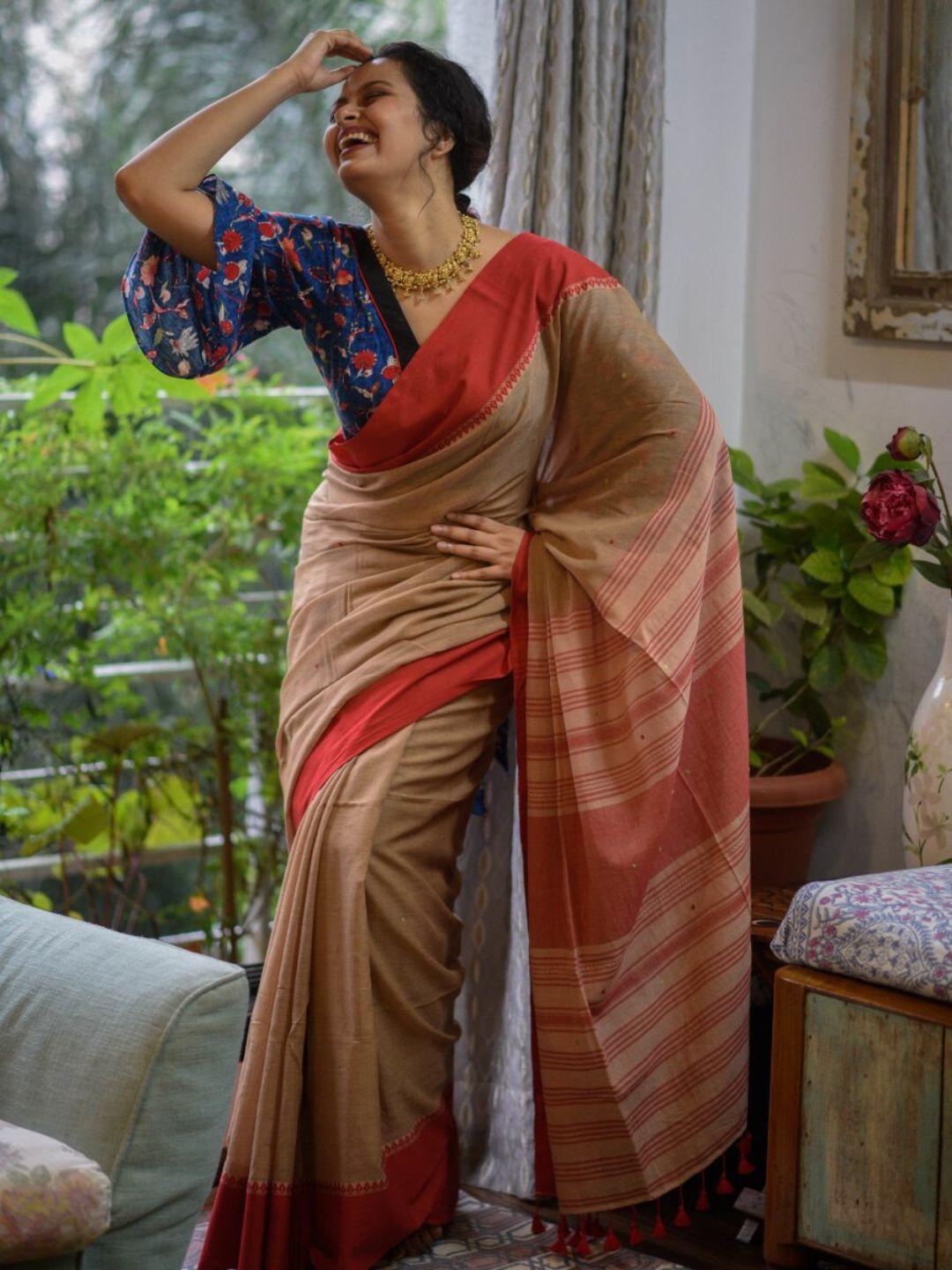 suta brown & orange pure cotton saree