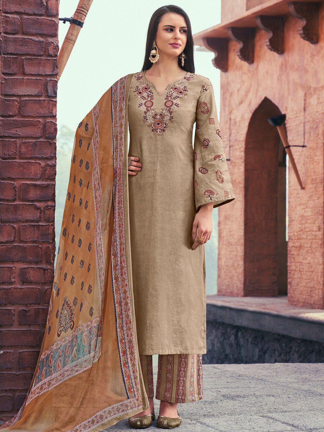 stylee lifestyle beige & blue embroidered pure cotton unstitched dress material