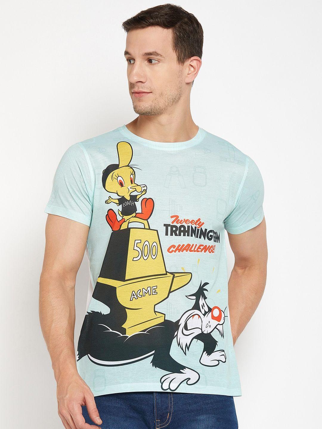 wear your mind men blue looney tunes printed applique t-shirt