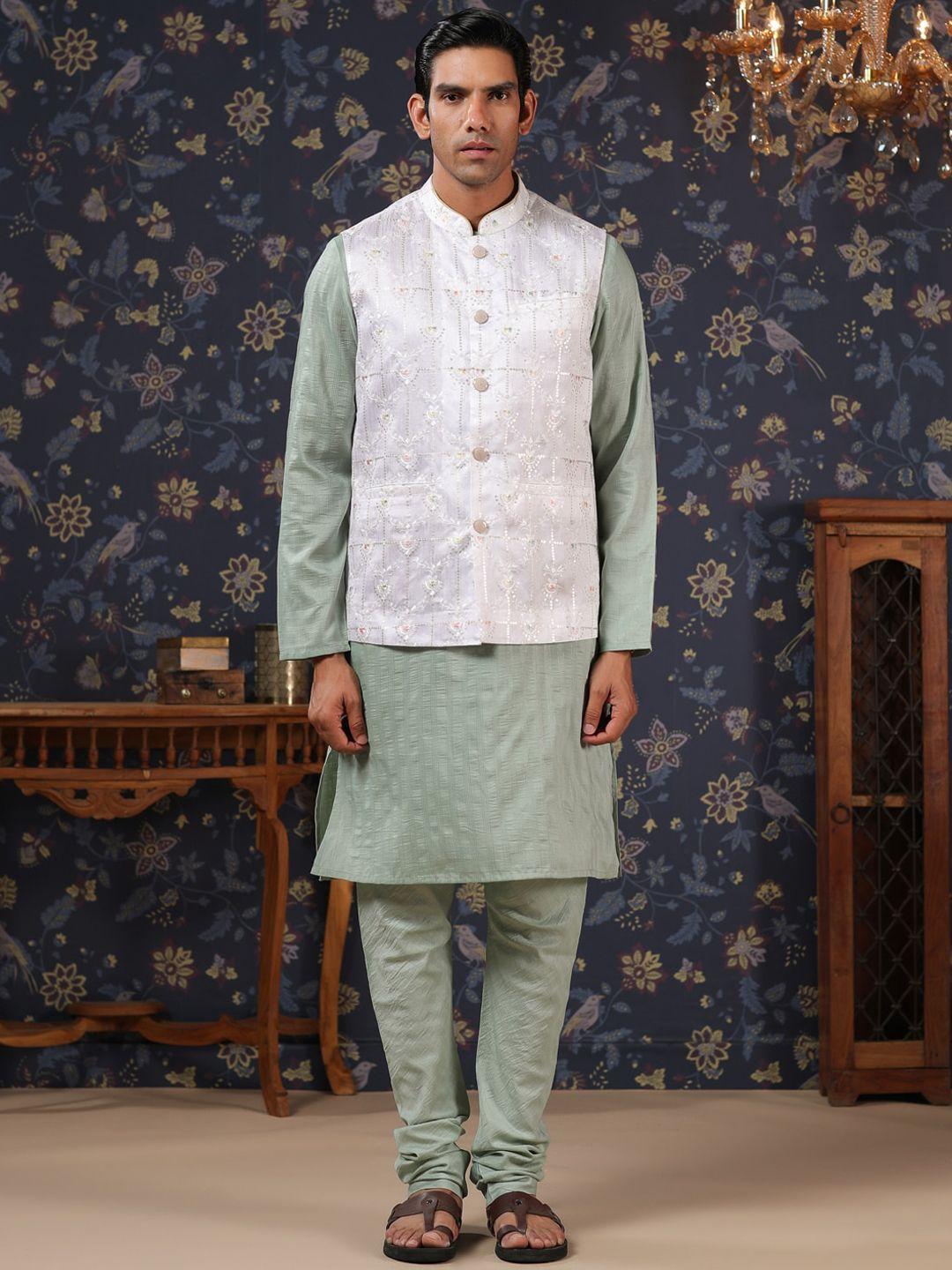 house of pataudi printed straight kurta with churidar & nehru jacket