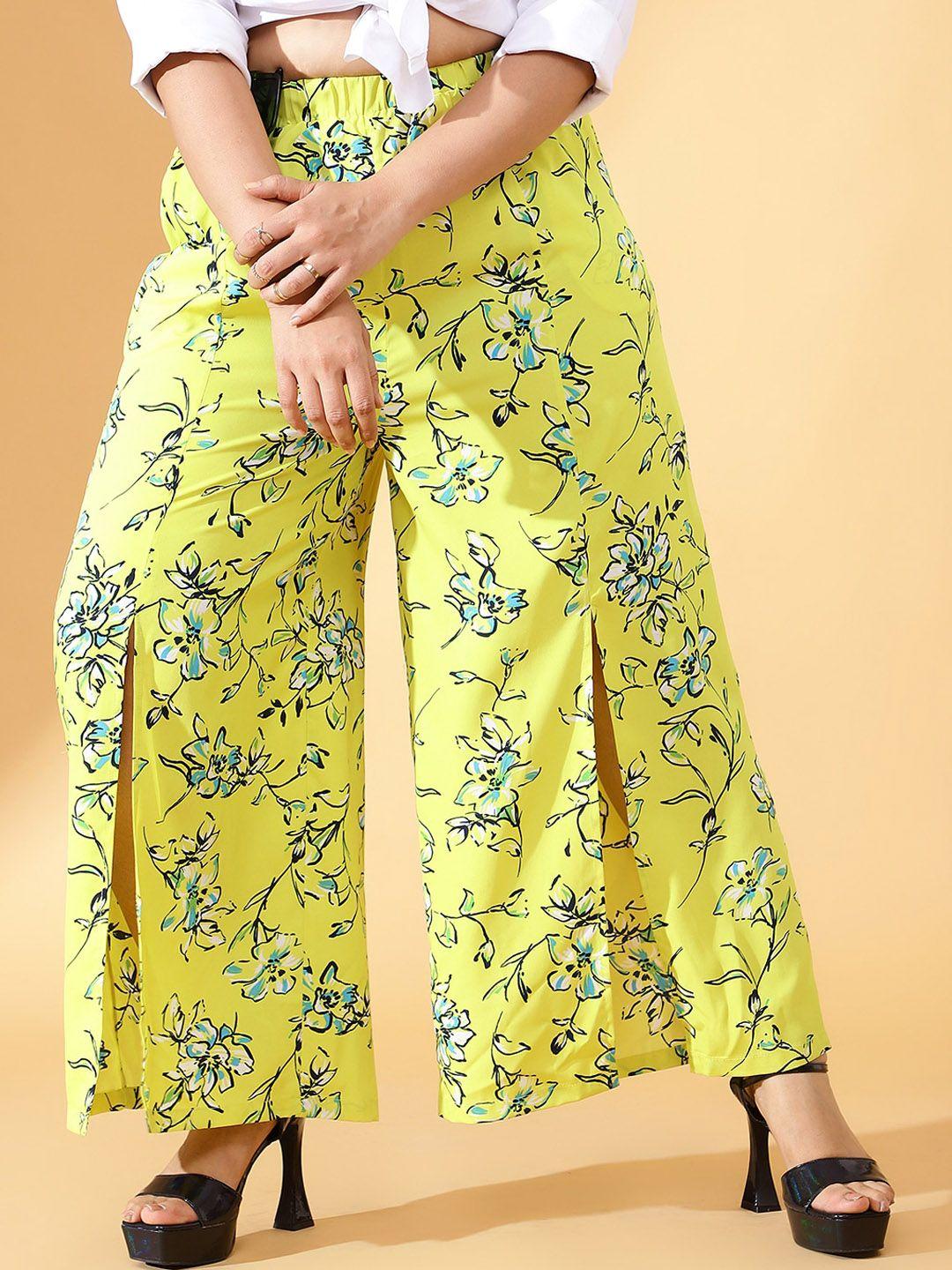 curve by kassually women yellow floral printed flared pleated trousers