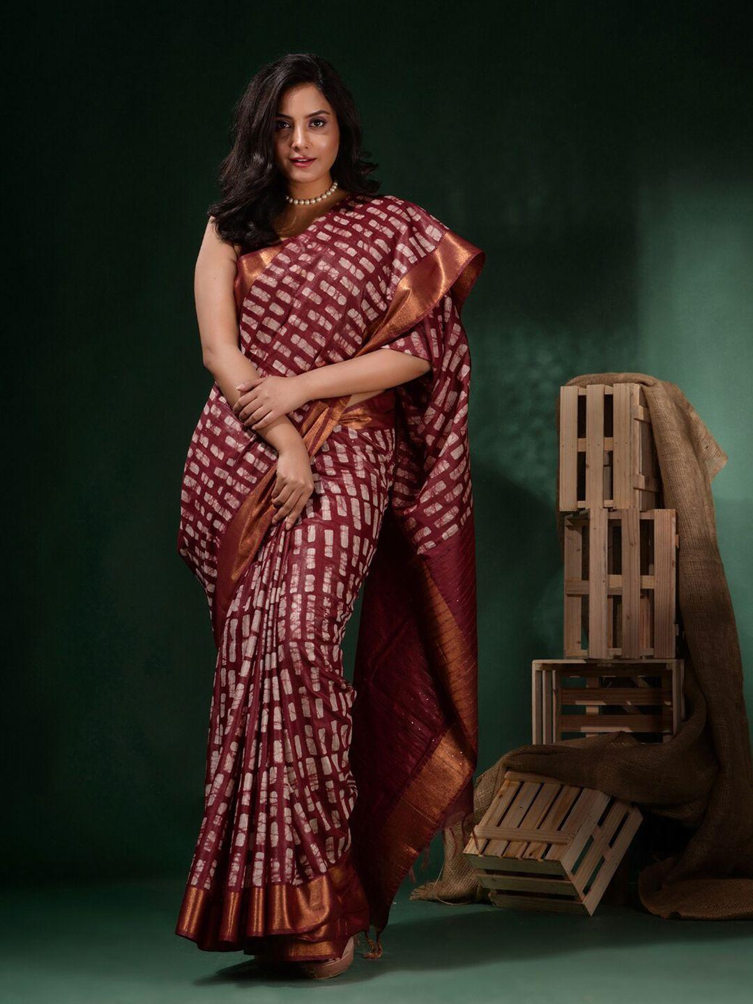 charukriti batik block printed zari saree