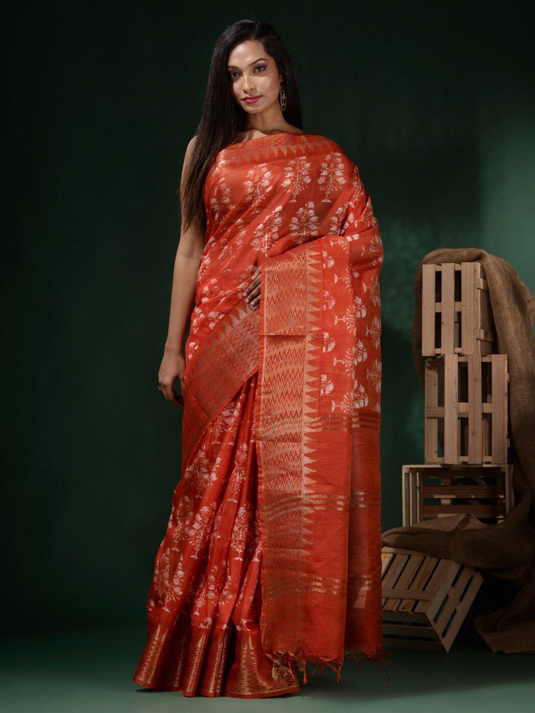 charukriti rust & white ethnic motifs zari silk blend block print saree