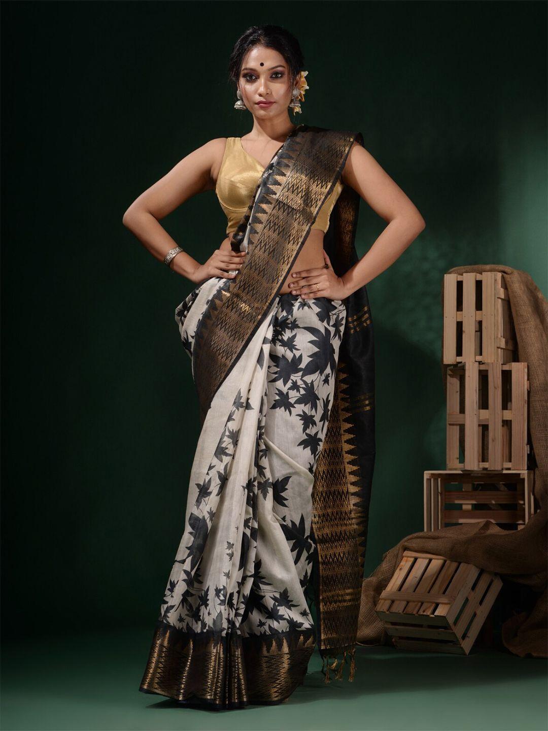 charukriti floral foliage printed zari saree