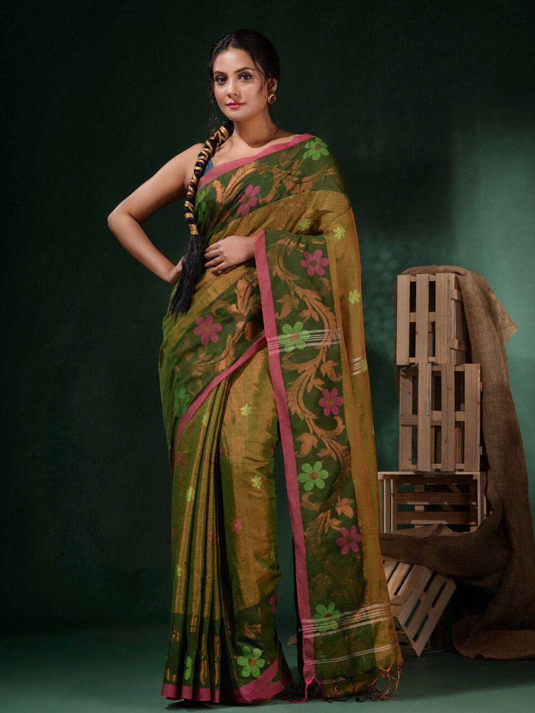 charukriti green floral tissue saree