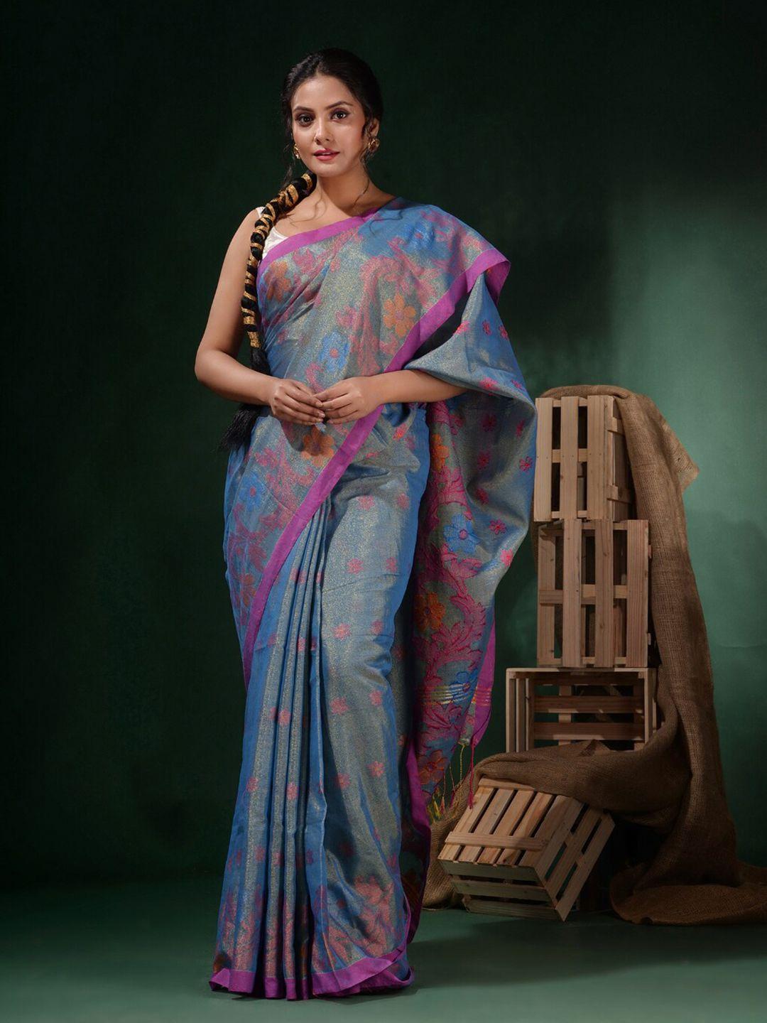 charukriti blue & pink floral zari tissue saree