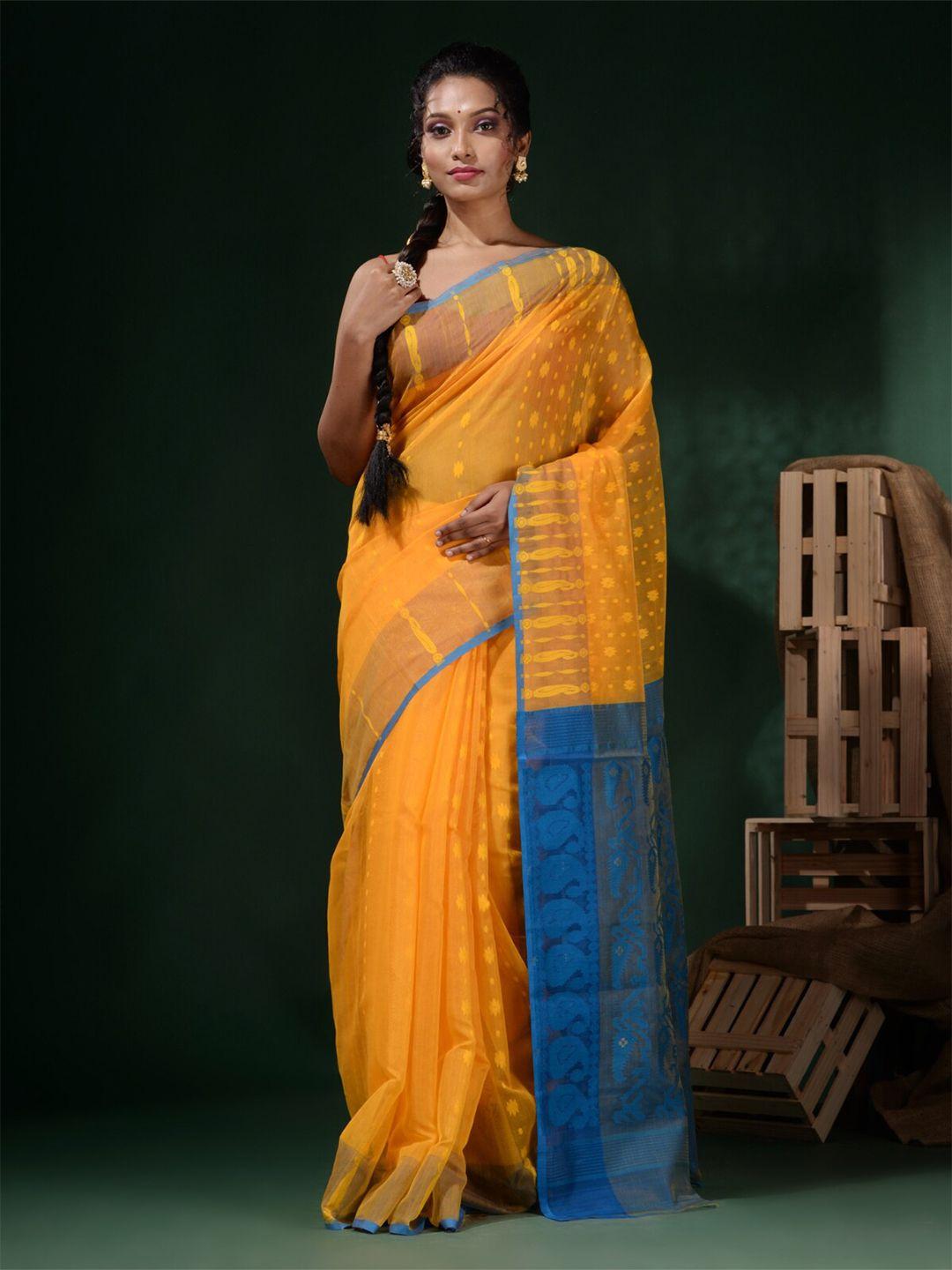 charukriti yellow & blue woven design zari pure cotton handloom jamdani saree