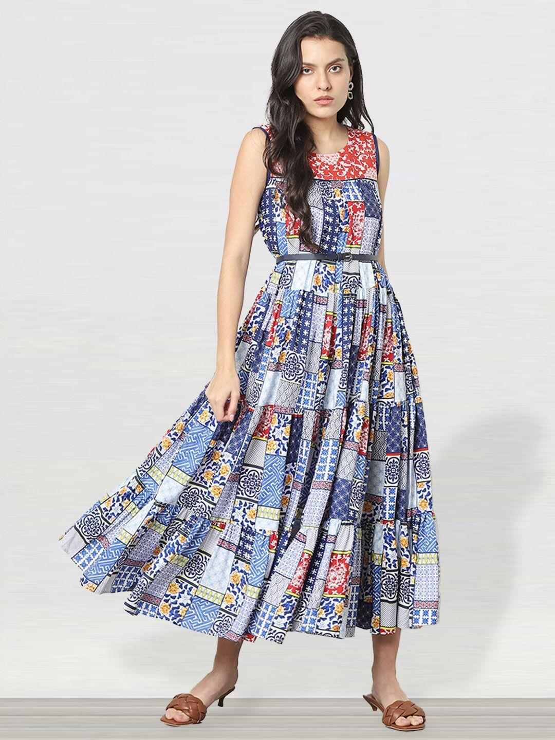 marigold lane blue floral print fit & flare midi dress