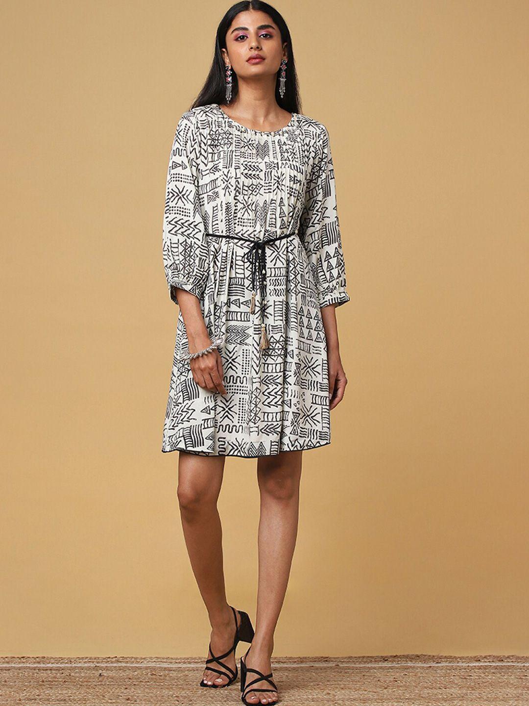 marigold lane white ethnic motifs print a-line dress