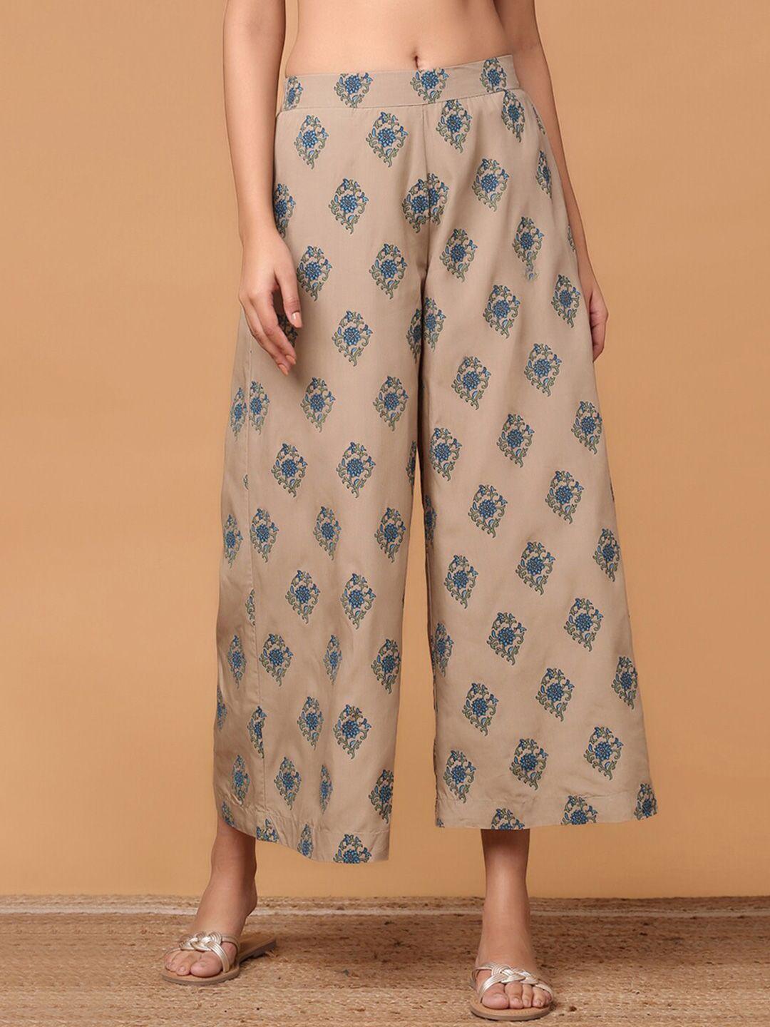 marigold lane women beige & blue ethnic motifs printed ethnic palazzos