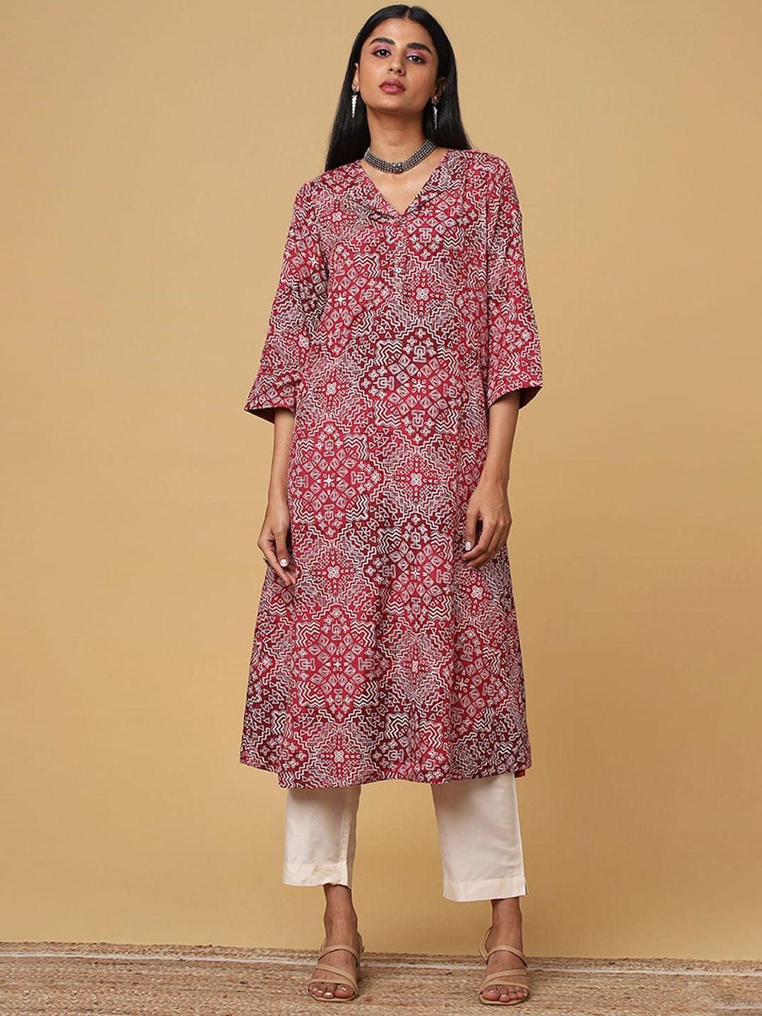 marigold lane women red geometric printed keyhole neck flared sleeves kurta