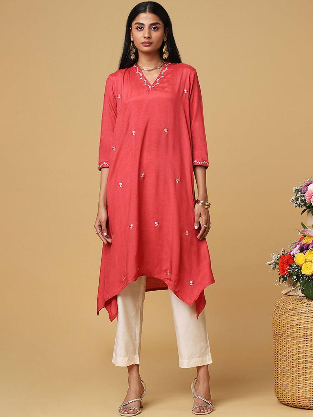 marigold lane women red floral embellished keyhole neck flared sleeves thread work kurta