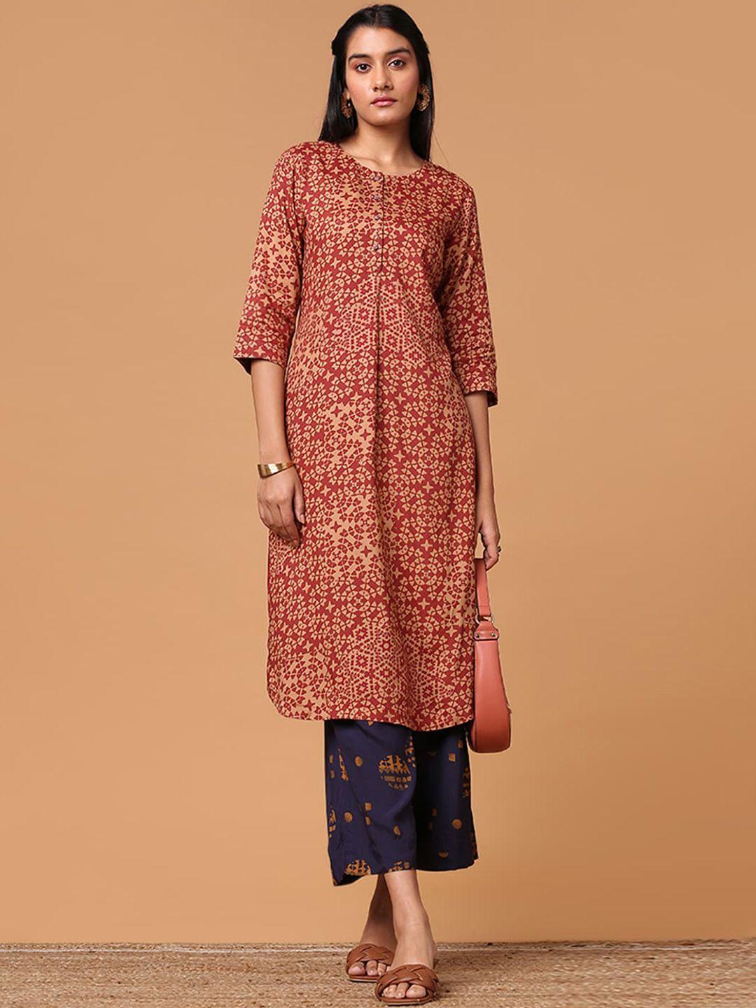 marigold lane women rust geometric embroidered keyhole neck thread work kurta