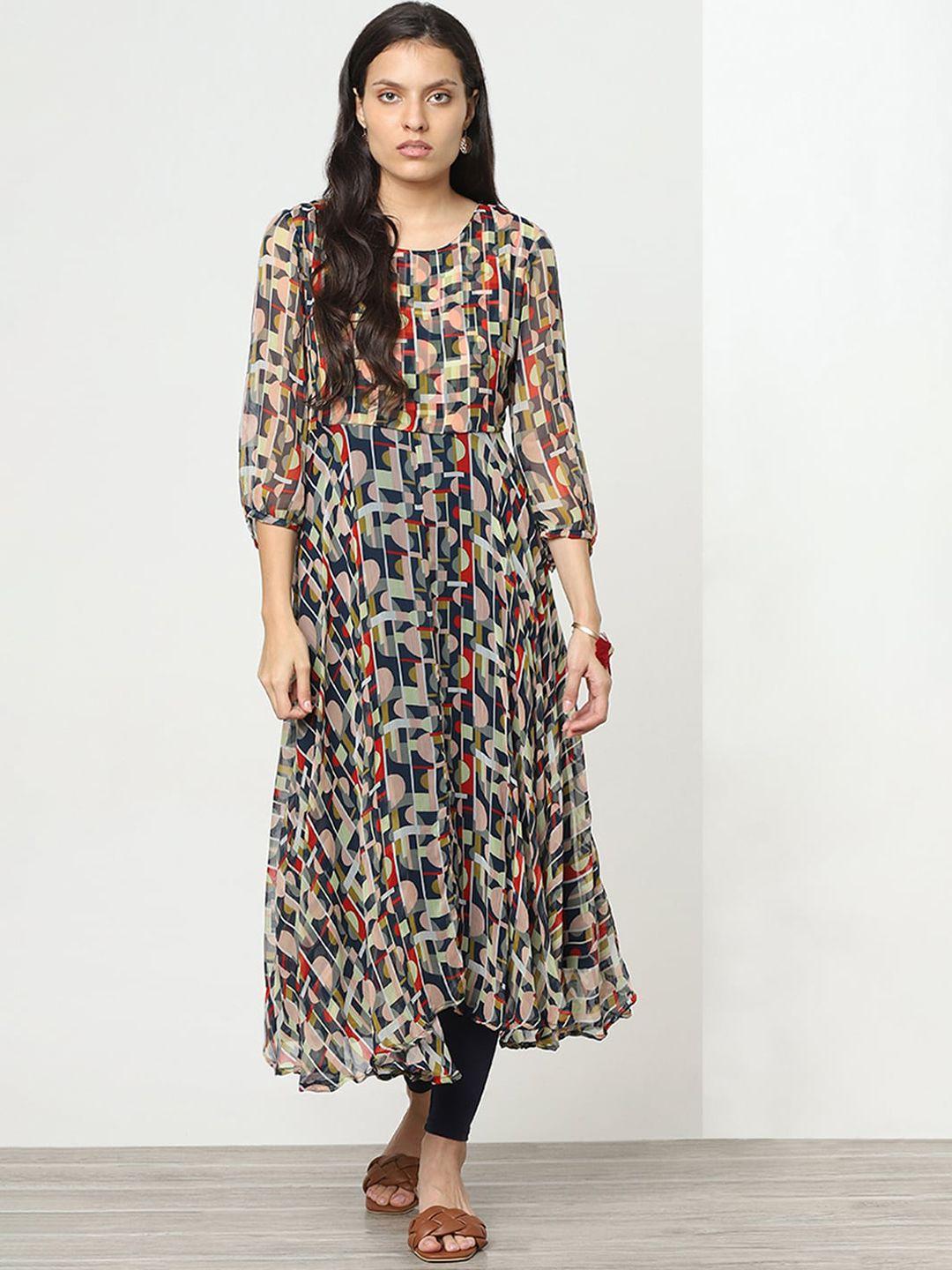 marigold lane women multicoloured printed cold-shoulder sleeves thread work anarkali kurta