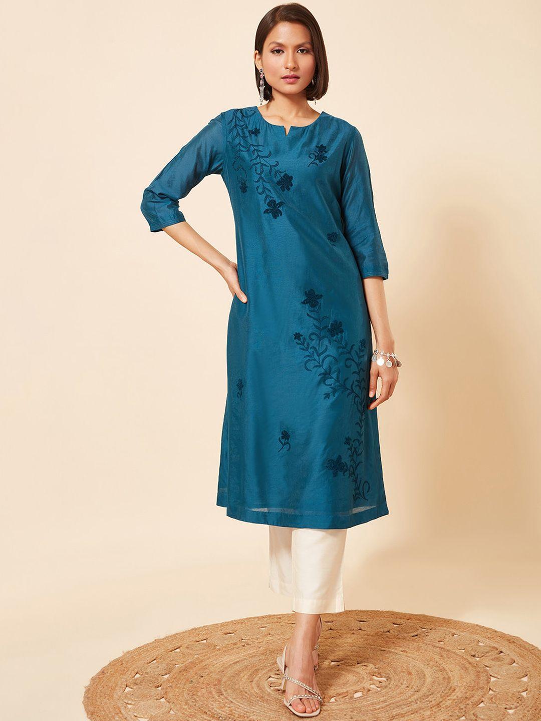 marigold lane women teal floral embroidered keyhole neck thread work kurta