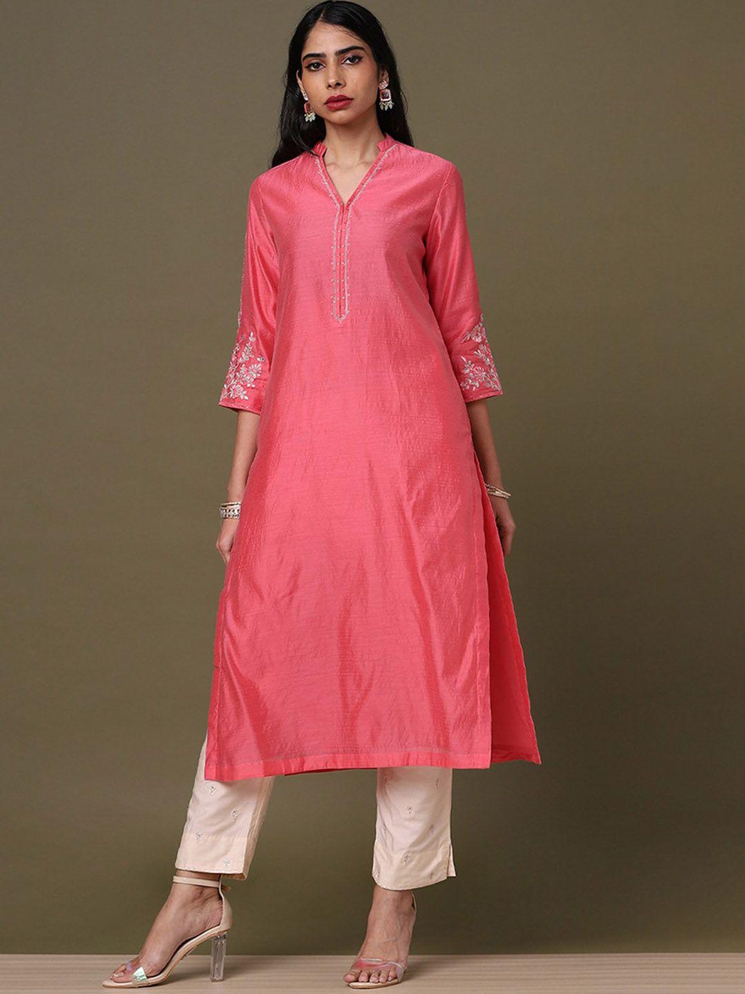 marigold lane women pink embellished keyhole neck chanderi silk kurta