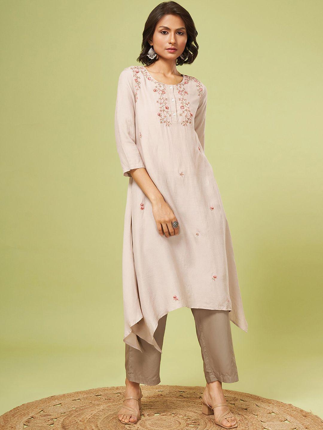 marigold lane women beige geometric embroidered flared sleeves thread work kurta