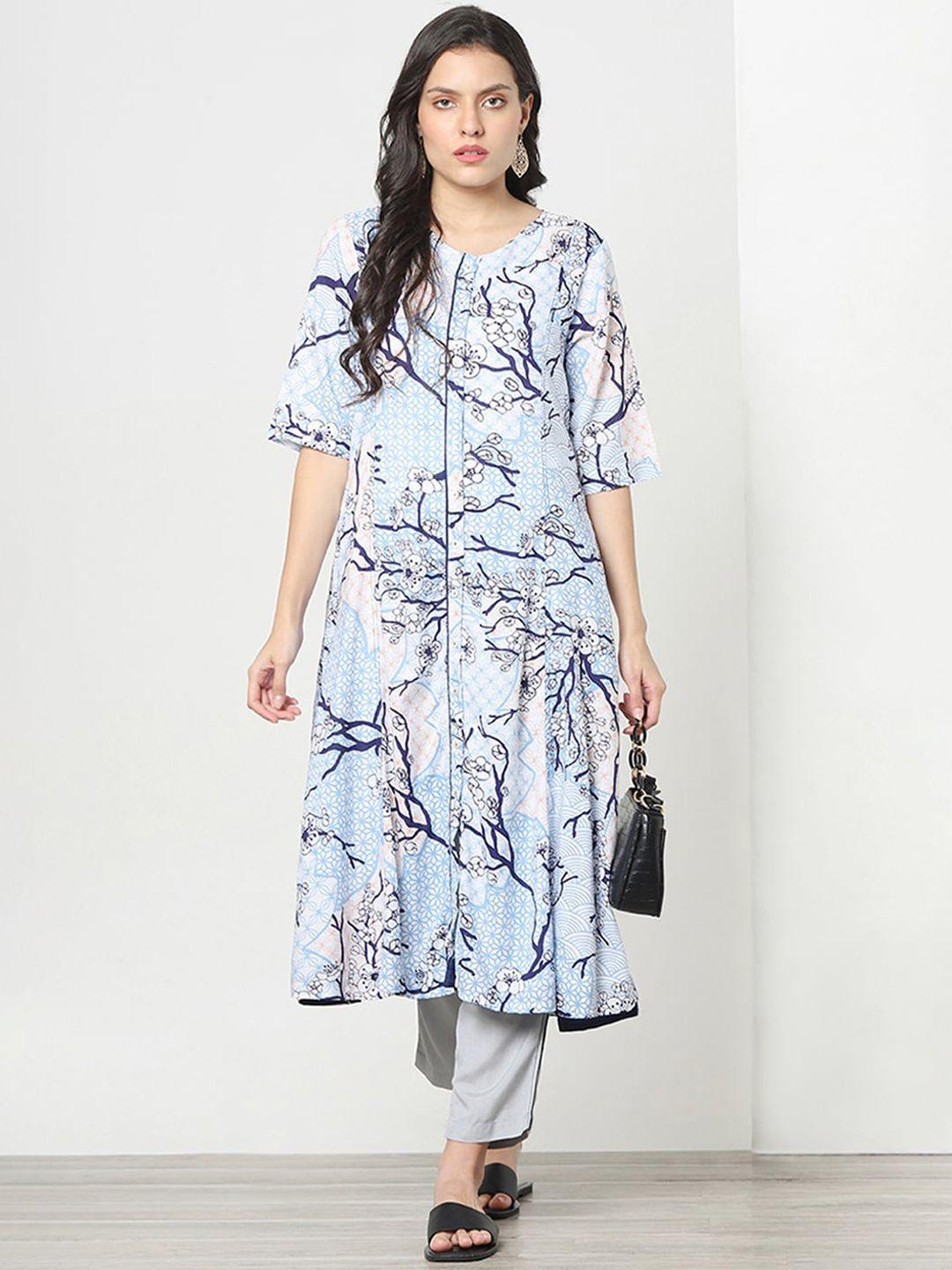 marigold lane women blue printed thread work kurta