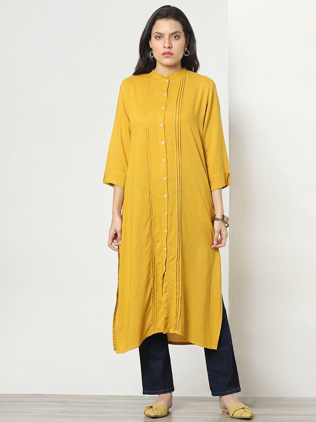 marigold lane women mustard yellow colourblocked keyhole neck flared sleeves thread work anarkali kurta