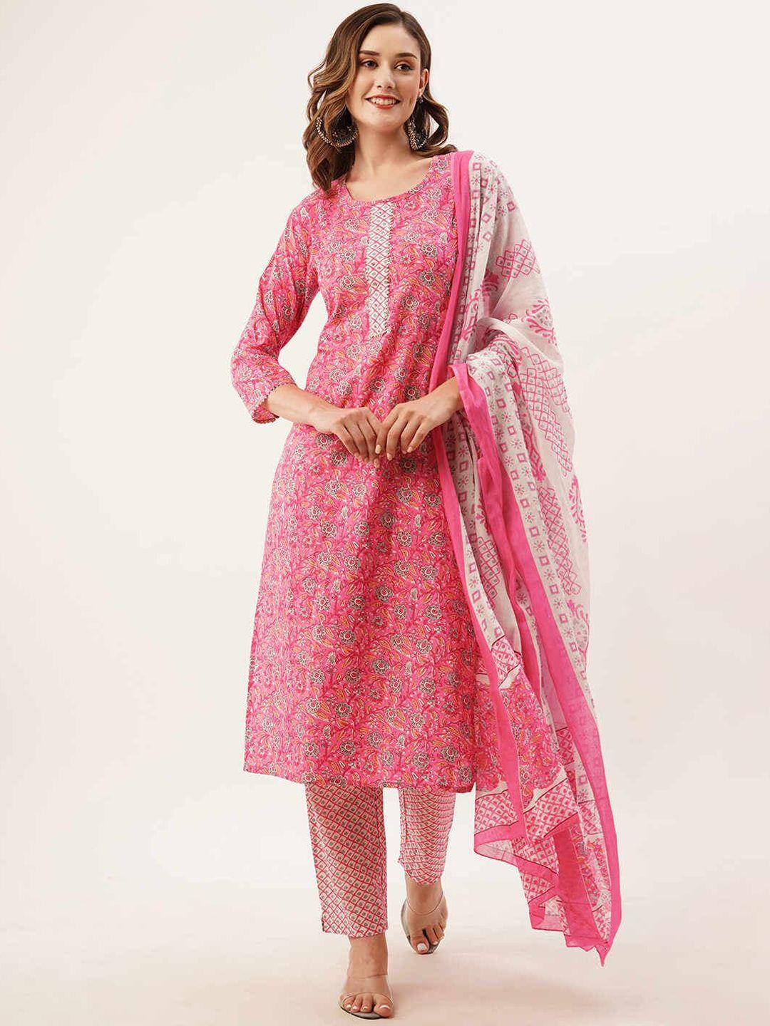 zola women pink ethnic motifs printed regular gotta patti pure cotton kurta with trousers & with dupatta