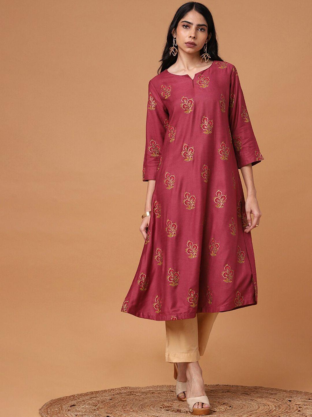 marigold lane women maroon ethnic motifs printed keyhole neck flared sleeves kurta