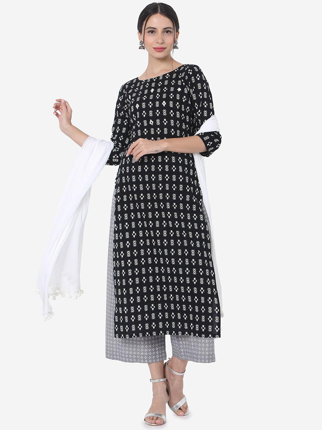 kalini women black printed regular pure cotton kurta with palazzos & with dupatta