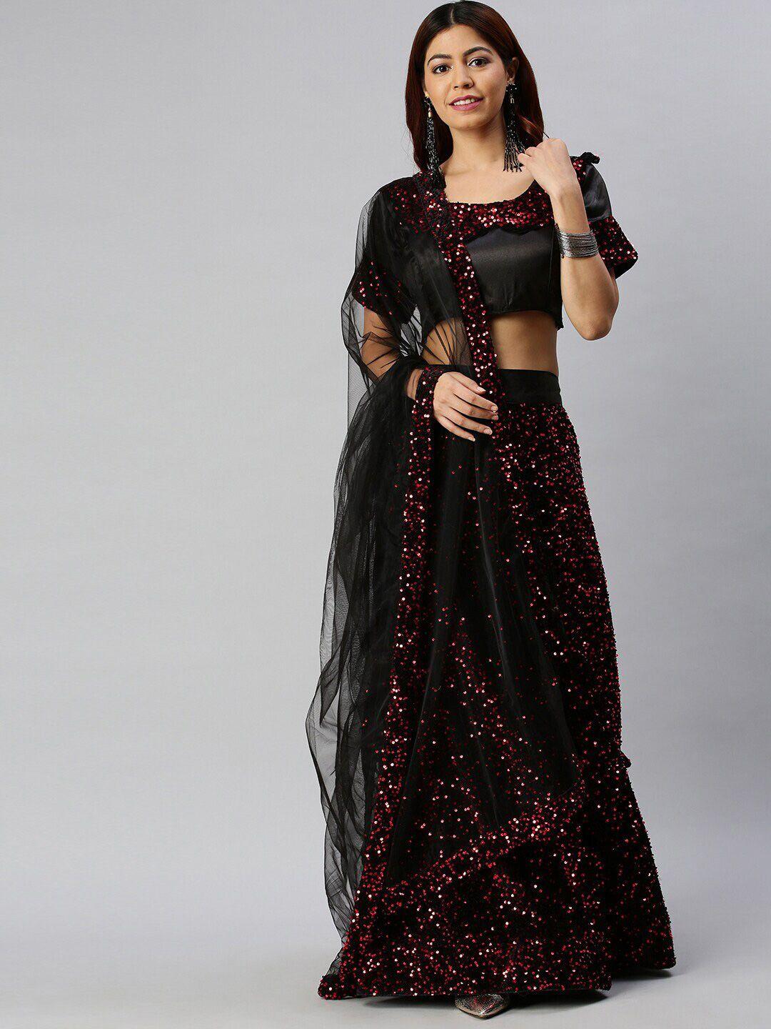 sangria black & red colour embellished sequined semi stitched lehenga choli