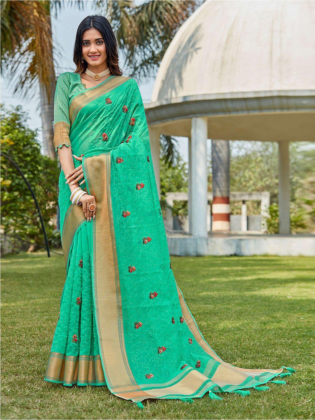 mitera sea green & red floral zari pure linen saree