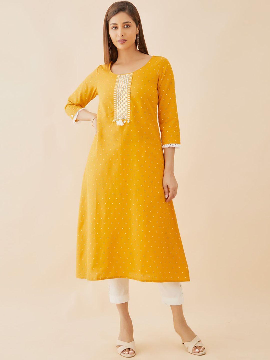 maybell women yellow dyed thread work kurta