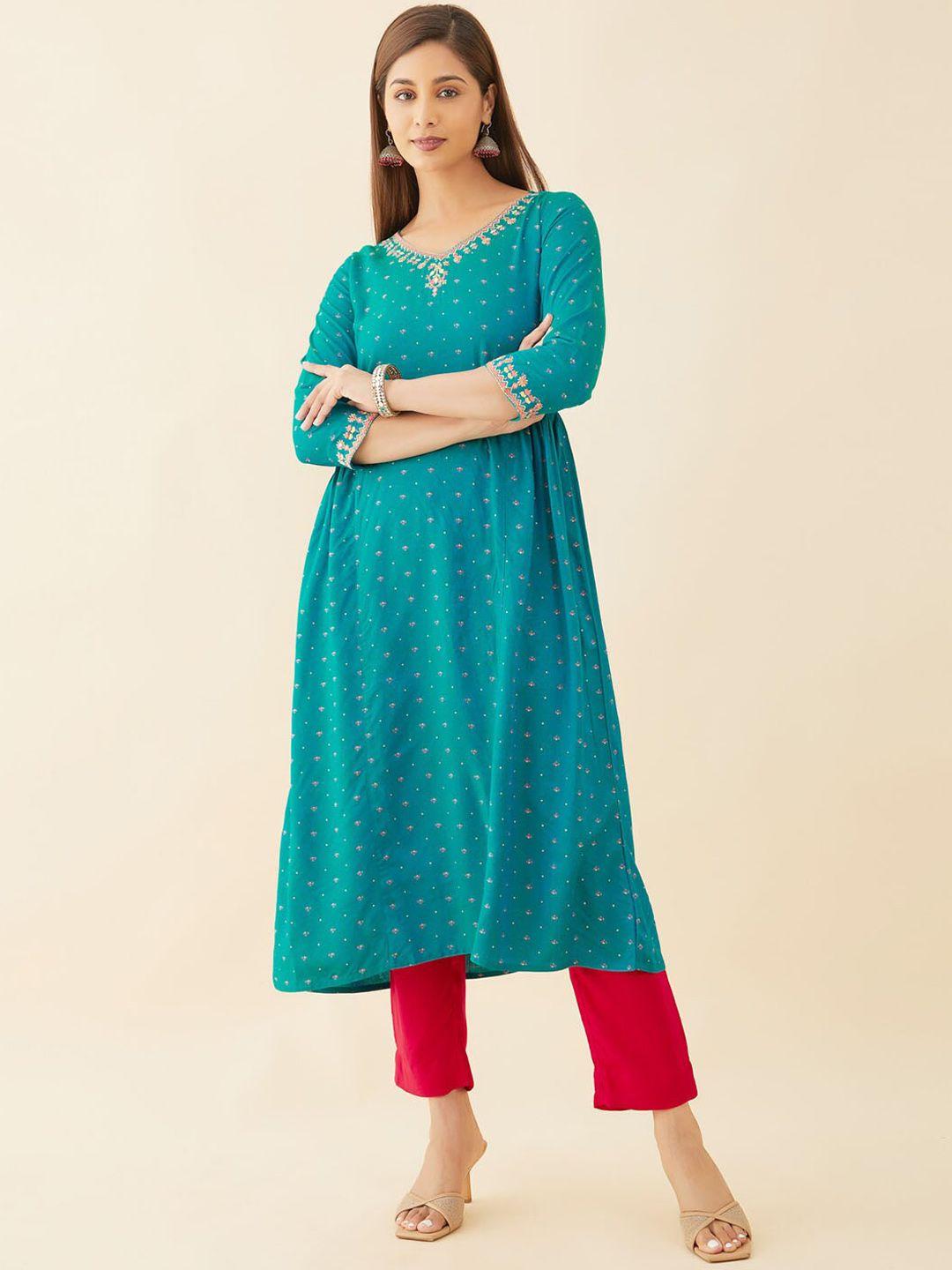 maybell women green flared sleeves sequinned kurta