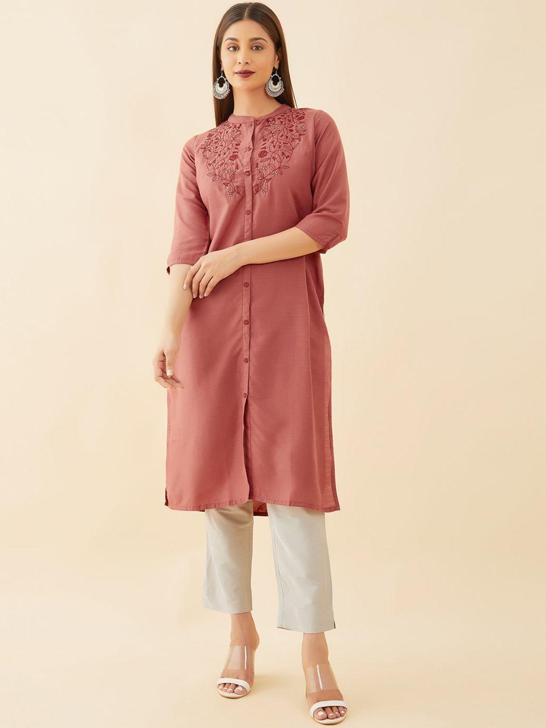 maybell women rust embroidered thread work kurta