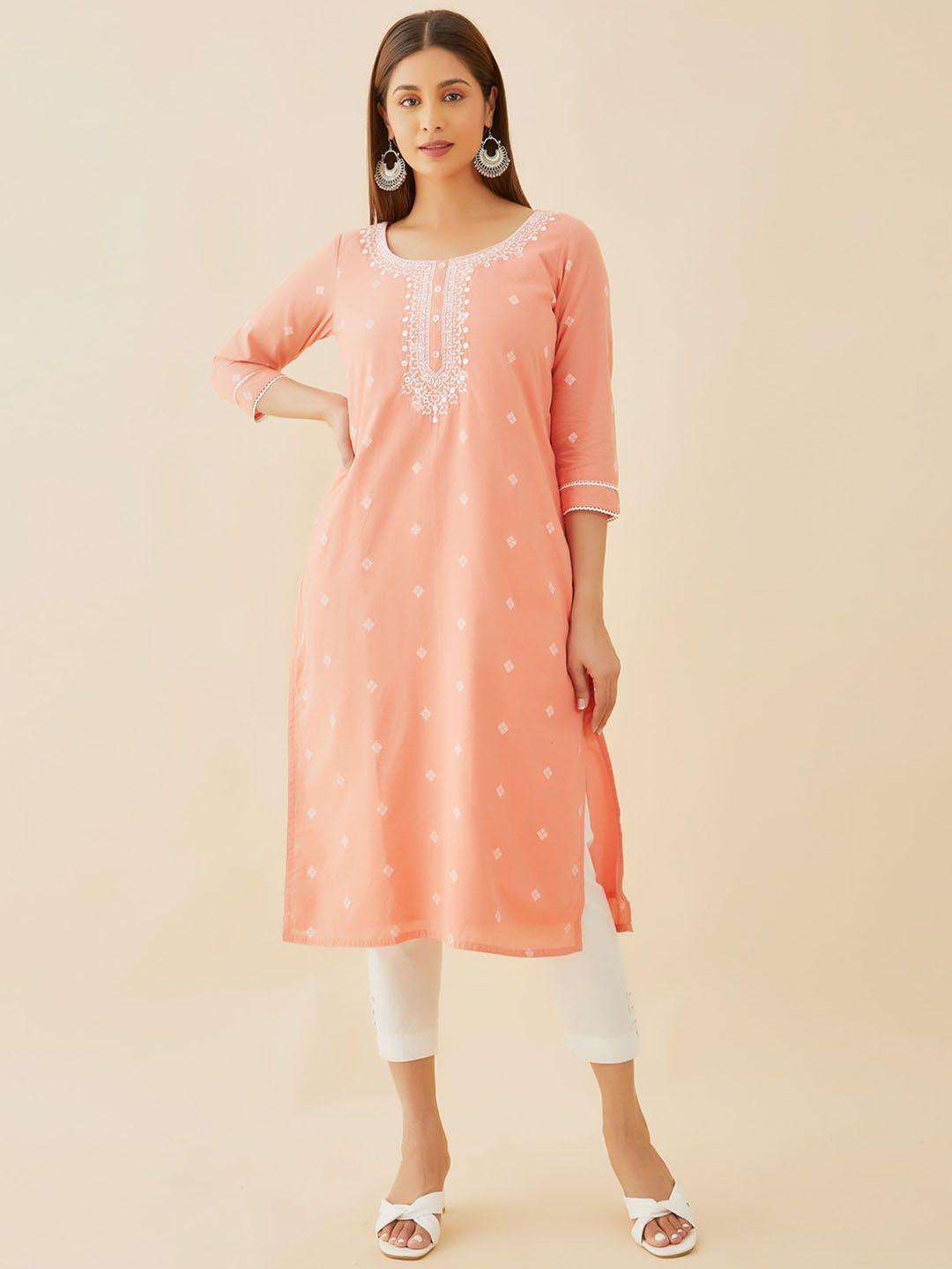 maybell women peach-coloured ethnic motifs embroidered flared sleeves thread work kurta